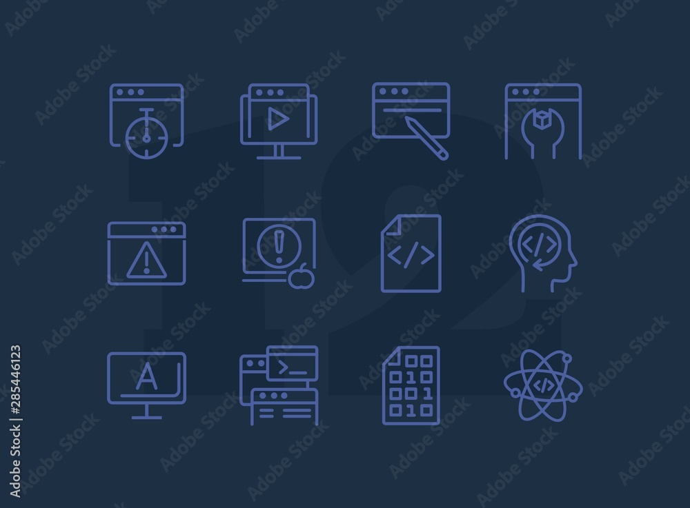 Poster backend developing line icon set. set of line icons on white background. technology concept. program