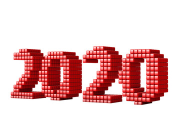 Concept of 2020 New Year text, made from cubes or pixels, isolated on white background without shadows. 3D Render