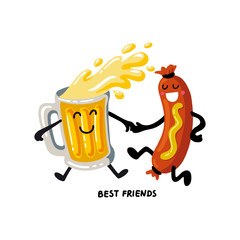 Oktoberfest- german beer festival in munich. Vintage food poster cartoon design. Kawaii characters beer and sausage dance. Template flat vector illustration for menu, card, print.