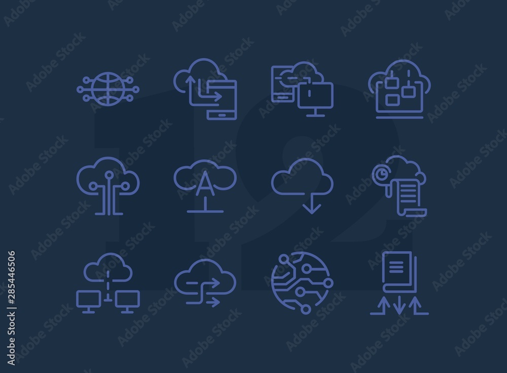 Poster cloud computing line icon set. set of line icons on white background. programming concept. system, s