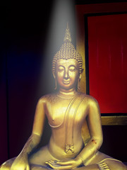 golden buddha statue, The face of gold buddha statue, Close up of the old Thai buddha with wooden wall background in art of religion concept