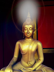 golden buddha statue, The face of gold buddha statue, Close up of the old Thai buddha with wooden...