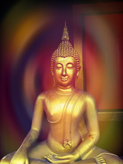 golden buddha statue, The face of gold buddha statue, Close up of the old Thai buddha with wooden wall background in art of religion concept