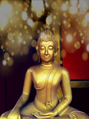 golden buddha statue, The face of gold buddha statue, Close up of the old Thai buddha with wooden wall background in art of religion concept