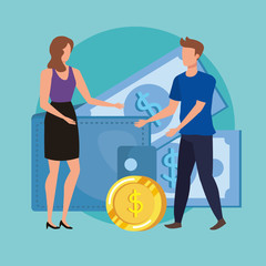 Fototapeta premium young couple with coins and bills money characters