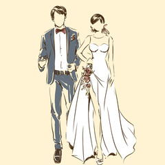 Silhouette of couple, bride and groom, wedding, fiance, tuxedo