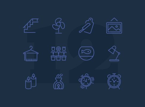 House interior line icons. Set of line icons on white background. Decoration concept. Flowers, stair, candles. Vector illustration can be used for topics like decoration, home, design