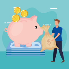 young man with piggy savings character