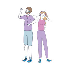 young couple friends listen music with player