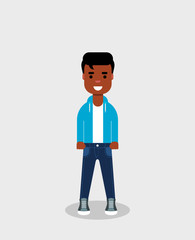 Young African American man in jeans and sweatshirt smiling. Happy self confident boy dressed casual. Handsome successful young man character. Teenager with a smile. Vector illustration, flat style