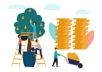 People grow ideas and make money. Vector illustration. Flat style