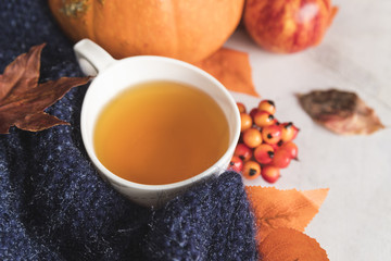 Cup with tea near knitted scarf and berries