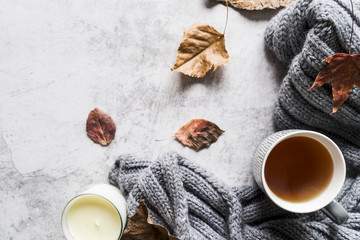 Tea cup and scarf among leaves
