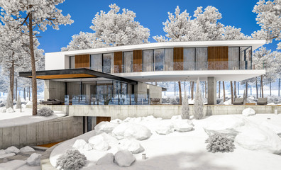 3d rendering of modern cozy house on the hill with garage and pool for sale or rent with beautiful landscaping on background. Cool winter day with shiny white snow.