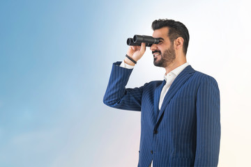 Businessman with binoculars spying، Businessman Hand Holding , looking, watching using Binoculars
