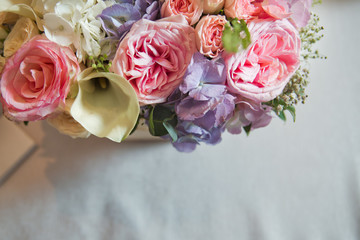 Background with violet,pink peonies on a white background . Pink flower bouquet for text .