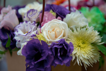 white, purple roses . Purple, white, yellow flowers. Purple, white, yellow flower bouquet .