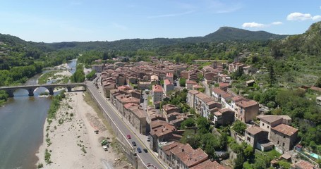Anduze village aerial approach, Gard, France