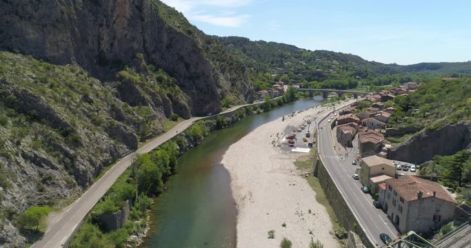 Anduze bridge aerial back traveling, Gard, France