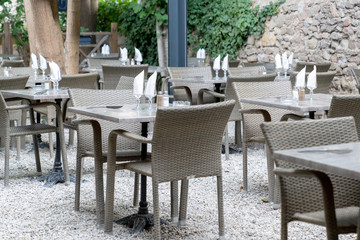 Garden restaurant terrace in city center of Carcassonne France
