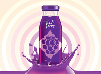 Vector blackberry juice, fruit glass bottle with drop splash