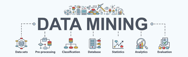 Data mining banner web icon for business and organization. Data set, process, classification, database, data analytic and evaluation. Minimal vector infographic.