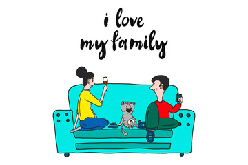 People and Pet Spending Free Time. Couple Woman and Man Sitting on Sofa at Home Drinking vine , Cat sitting with a bowl next . Love to Animal, Leisure, Weekend, Cartoon Flat Vector Illustration