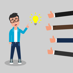 Young man employee finger pointing at the idea symbol while businessmen show thumbs up sign. Positive feedback concept. Being Successful with good and innovative idea. Funding project.Vector,flat 