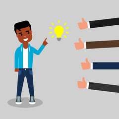 Fototapeta na wymiar Young African American finger pointing at the idea symbol while businessmen show thumbs up sign. Positive feedback concept. Being Successful with good and innovative idea. Funding project.Vector,flat 