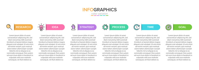 Concept of arrow business model with 6 successive steps. Five colorful rectangular elements. Timeline design for brochure, presentation. Infographic design layout.