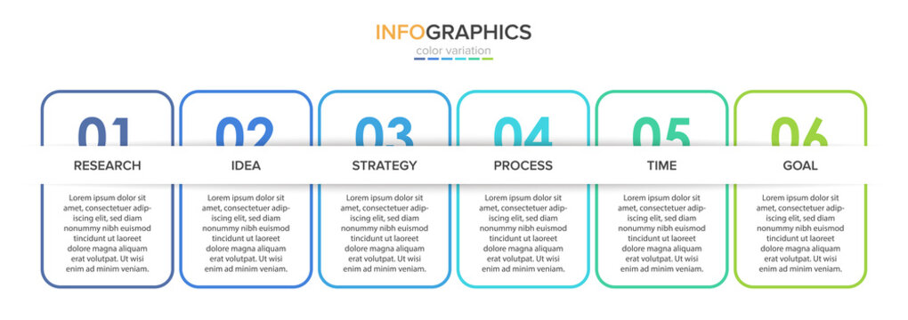 Concept of arrow business model with 6 successive steps. Five colorful rectangular elements. Timeline design for brochure, presentation. Infographic design layout.