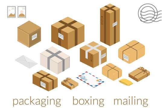 Carton boxes set. Isometric box packing stages icons Vector cartoon vector illustration