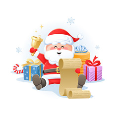 Merry Santa Claus holding Christmas wish list with golden bell and Gifts. Cute cartoon character. Flat design without transparent objects. Vector illustration.