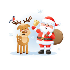 Merry Santa Claus with Reindeer and Bullfinch. Cute Christmas cartoon character. Vector illustration without transparent objects.