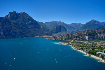 Panorama of Lake Garda surrounded by mountains in Riva del Garda, Italy. Lake Garda Italy. Aerial...