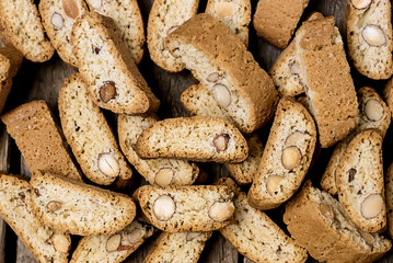 Homemade Biscotti on Wooden Background Italian Almond Sweets Biscuits Cookies Top View Horizontal