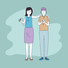 Obraz premium young couple friends listen music with player
