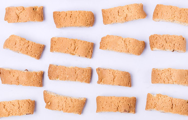 Food Background Freshly Baked Italian Cookies Biscotti or Cantuccini Blue Background Top View Pattern Horizontal