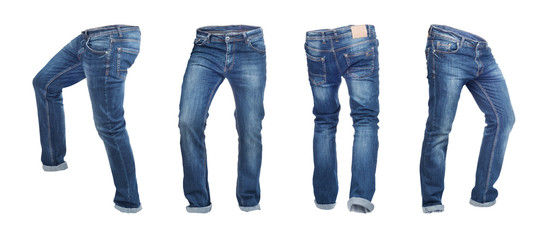 Set of empty blank jeans pants in different poses isolated on a white background