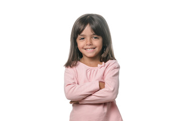 Portrait of a little brunette girl posing isolated on white background.