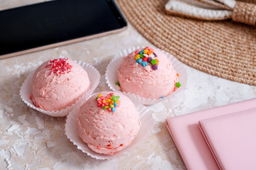 Summer Hipster Girl Accessories Set. Fashion Design. Hot Sunny Vibes. Trendy Sneakers, Sunglasses, Ice Cream. Creative Bright Style. Vanilla coral Color. Minimal, Art summertime fashionable concept