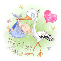 Stork flies with baby boy. Baby shower. Postcard for the birth of a baby. Vector. Watercolor