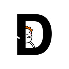 D letter hand drawn cartoon illustration with cute cartoon comic man smiling