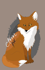 Wild animal, red fox that sits on its hind legs. Forest beast, sly fox on a colored background. The inscription of the words "clever fox".
