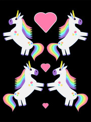 Cute unicorns stand on their hind legs. The unicorn has seven rainbow colors in the mane and tail.