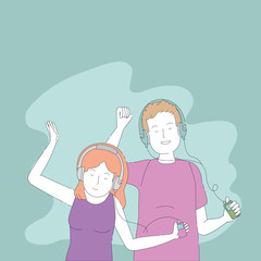 young couple friends listen music with player