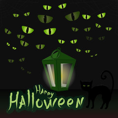 Illustration for a Halloween holiday, with the words Happy Halloween. To celebrate the holiday of Halloween. In the picture, the cat's eyes are outlined, the green fan and the black cat.