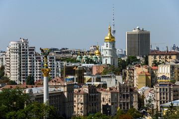 Aerial view to the central part of Kyiv. St. Sophia cathedral, Independence Square, television tower. Ukraine. August 2019