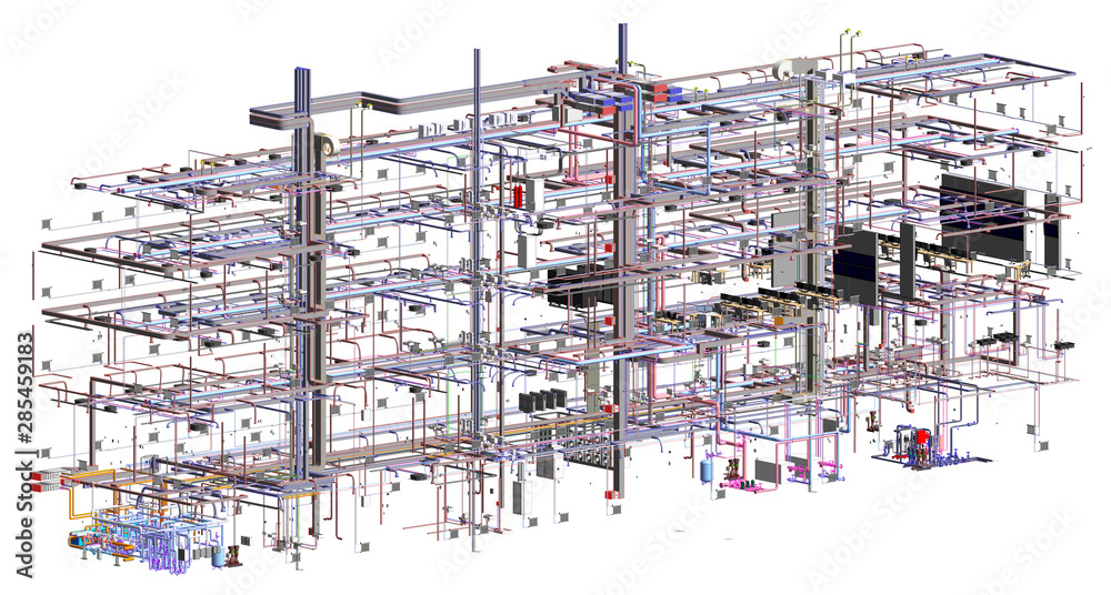 Wall mural bim model conceptual visualization of the utilities of the building