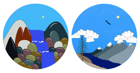 Two landscapes painted in a circle, a waterfall and mountains. Drawings of nature.